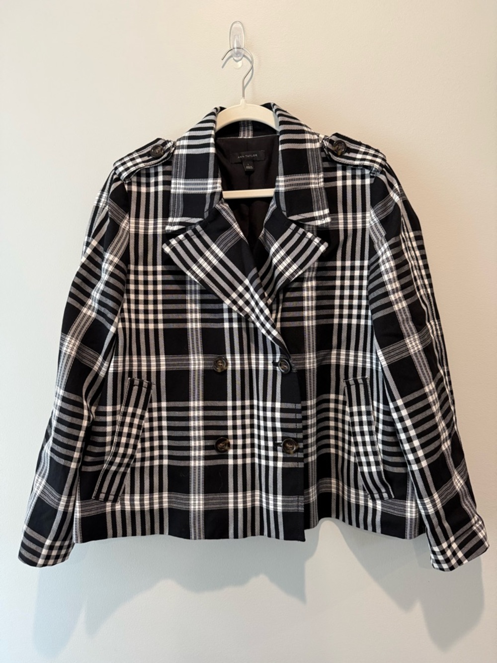 Ann Taylor Workwear Black and White Plaid Double-Breasted Blazer Women’s Large - Picture 2 of 11